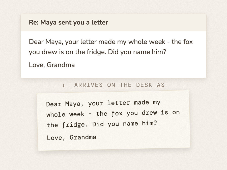 An email reply presented as a letter inside Postmello