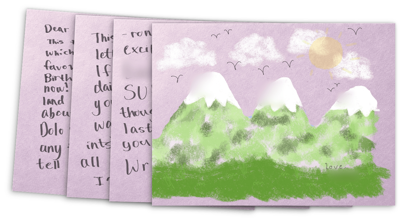 Four handwritten pages fanned out behind a painted landscape of green mountains, snowy peaks, birds, and sunshine